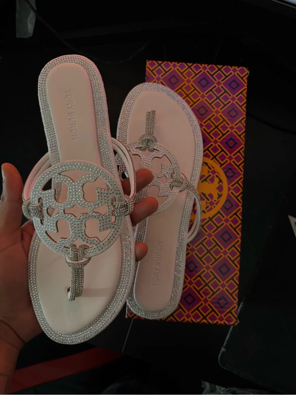 Tory Burch Crystal-Embellished White Miller Sandals